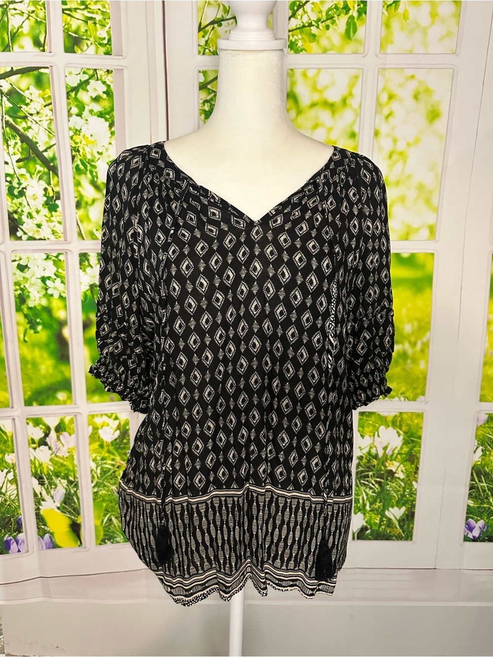Black Printed V-Neck Boho Tunic Top